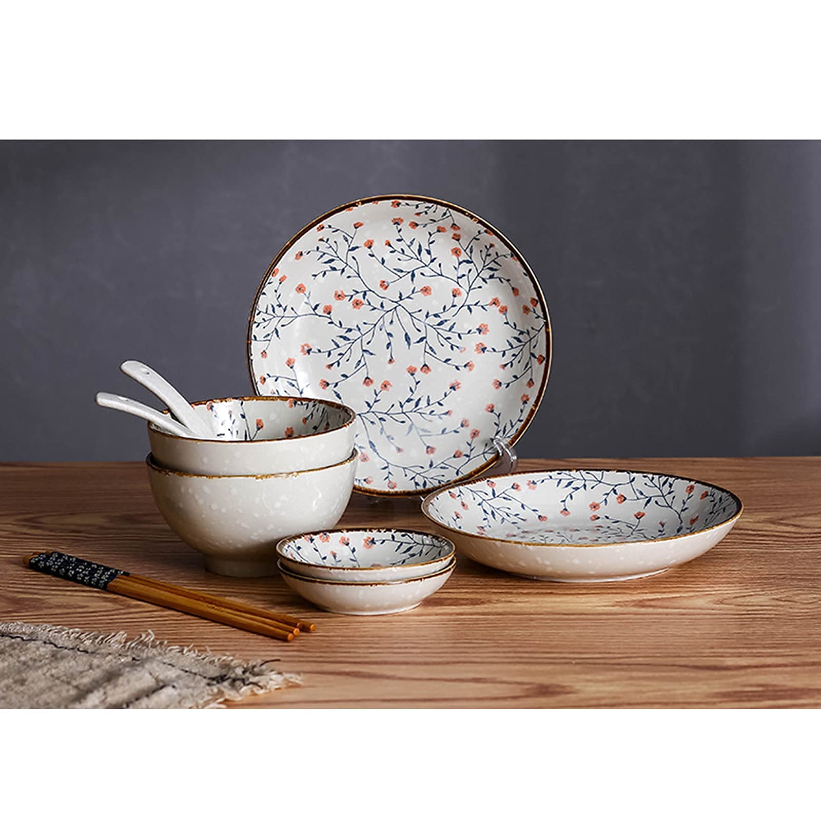 8-częściowy zestaw ceramicznych naczyń obiadowych w stylu retro, serwis dla 2 osób, miski do ryżu, zestaw talerzy sałatkowych, naczynia, serwis stołowy z przekąskami, sałatkami, deserami, przekąskami