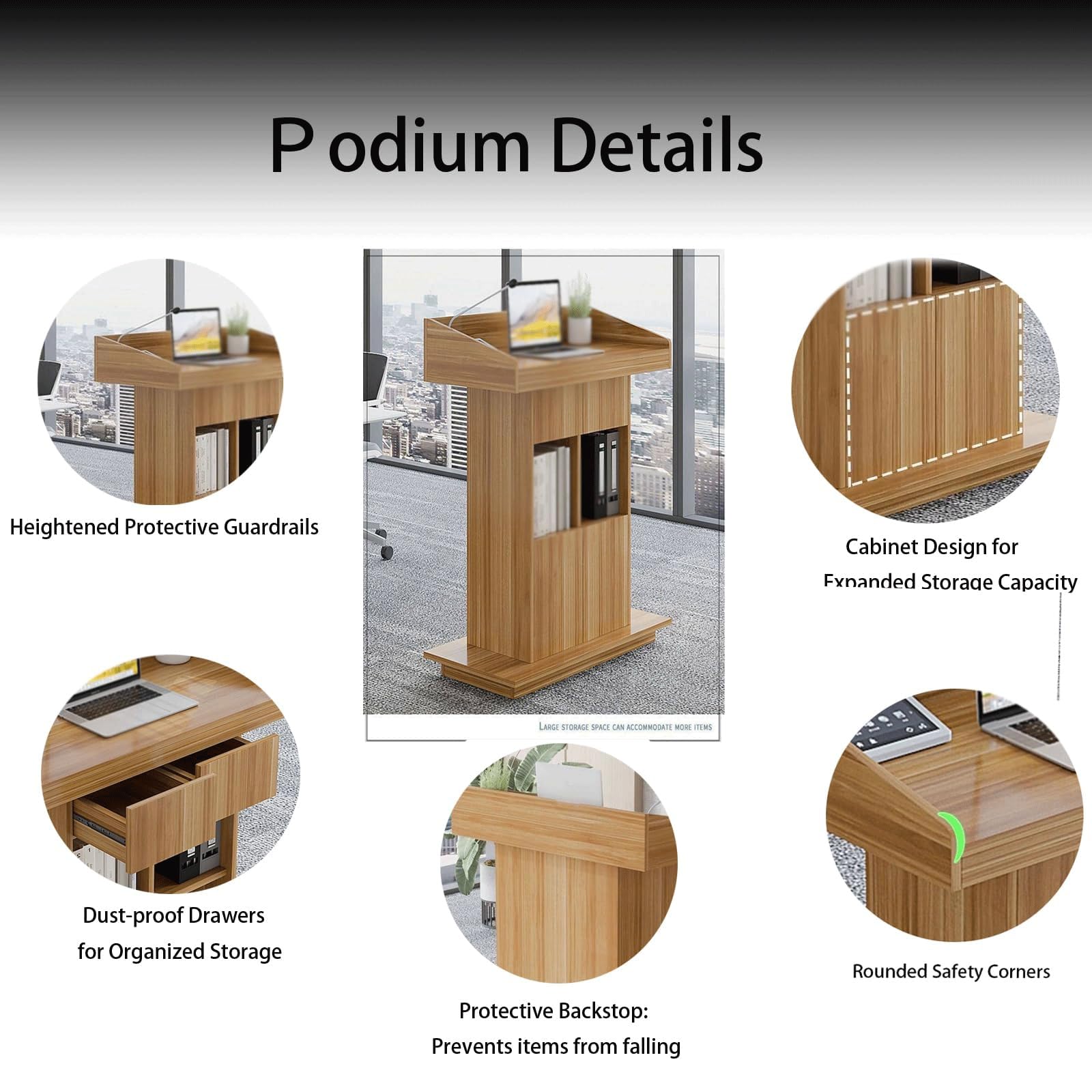Support de Podium en Bois, chaire d'église Robuste avec roulettes verrouillables, Support d'hôtesse sur Pied Mobile avec pupitre de Rangement(Light Walnut)