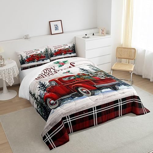 Miniatura 4 de Juego de edredón de Feliz Navidad, tamaño Queen, juego de edredón vintage de camión de Navidad rojo y negro, juego de ropa de cama de 3 piezas para