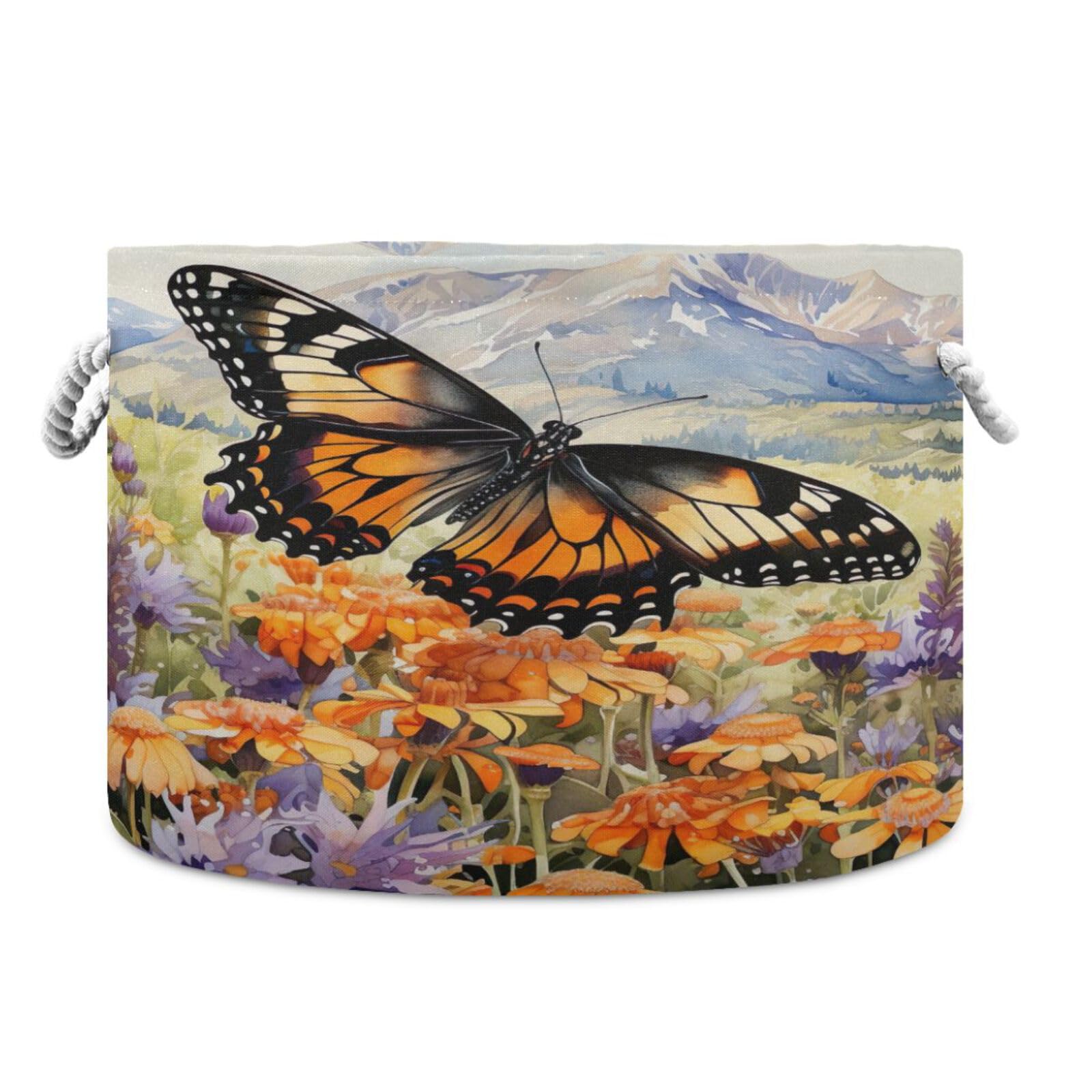 Round Orange and Black Butterfly Flower Storage Basket Large Organizer Bin Laundry Hamper Toy Storage Basket with Handle for Nursery Clothes Toys 202b4424