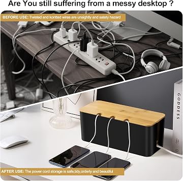 Set of 2 Cable Tidy Box, Cables Management with Reusable Ties Straps, Cable Organizer Box for Desk, Cord Storage Management with Lid,for Hiding Electric Wire Cord, Power Strip, Extension Lead