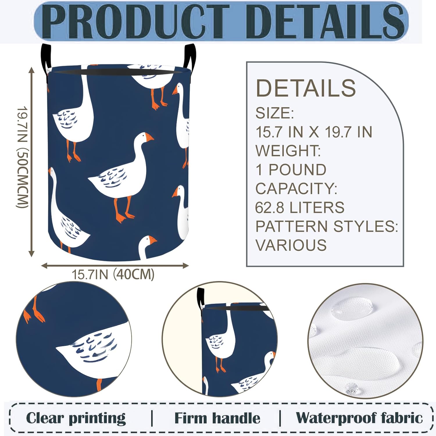 Goose Laundry Basket Hamper 19.7"x15.8", White Goose Foldable Waterproof Oxford Clothes Storage Bucket for Room Bathroom Bedroom Nursery Decor, Toy Organizer Bins Gifts for Kids Boys Girls