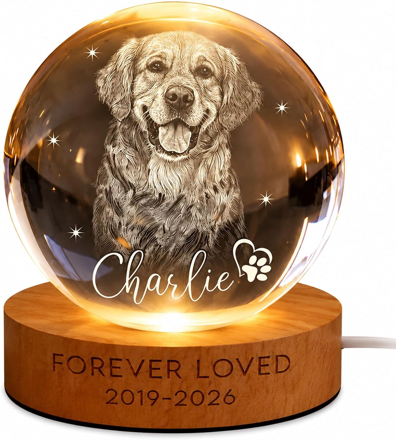 Puptailor Personalized Pet Memorial Night Light, Laser Engraved Dog Cat Portrait Keepsake Gift for Pet Lovers, Custom Pet Photo Crystal Ball LED Lamp (Paw Pattern)