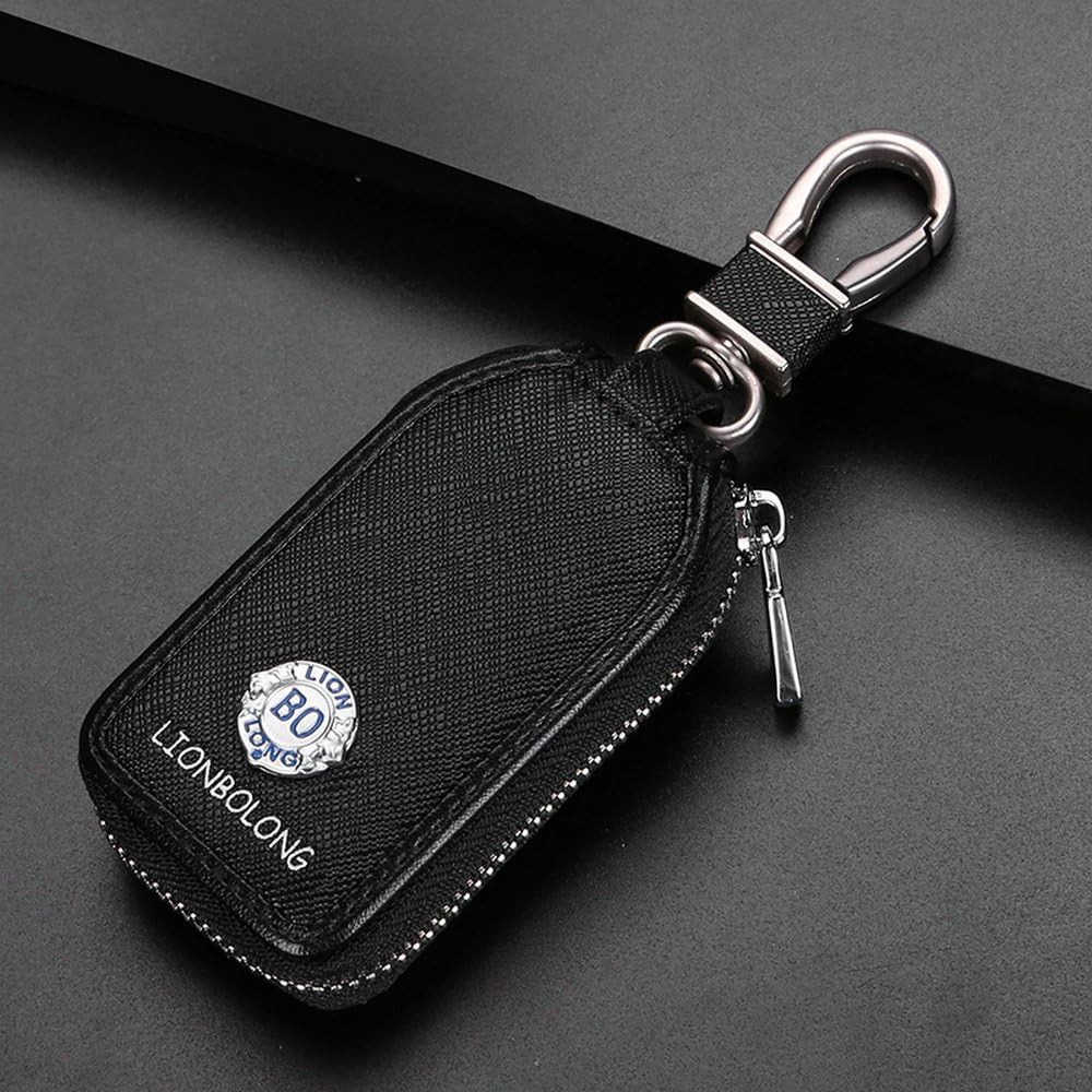 Key Fob Case - Genuine Leather Car Remote Smart Key Holder with Hook Auto Keychain (Black)
