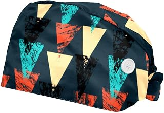 Adjustable Working Cap with Button, Cotton Working Hat Sweatband, Elastic Bandage Tie Back Hats for Women & Men, Hand Painted Bold Pattern with Triangles,2 Pcs