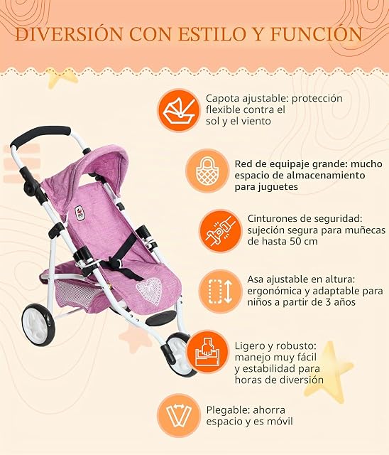 Foto 3 de 6 de Bayer Chic 2000® Cochecito de muñecas Lola - Jeans Rosa - Cochecito Plegable - Mango Ajustable 33 - 62 cm