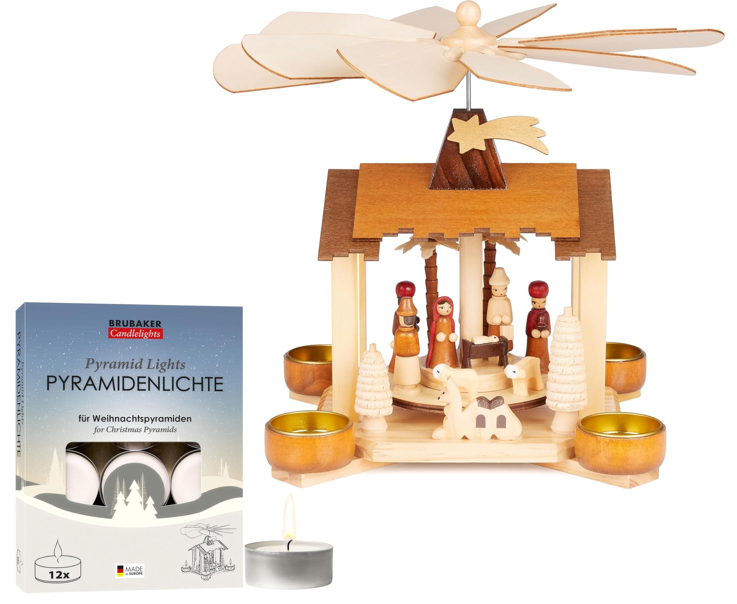 BRUBAKER Christmas Pyramid incl. Pack of 12 Tea Llights - One Level Rotating Carousel with Jesus, Mary, Joseph and the Star of Bethlehem - 11.0 inches (28 cm) Hand-Painted Nativity Scene - Natural