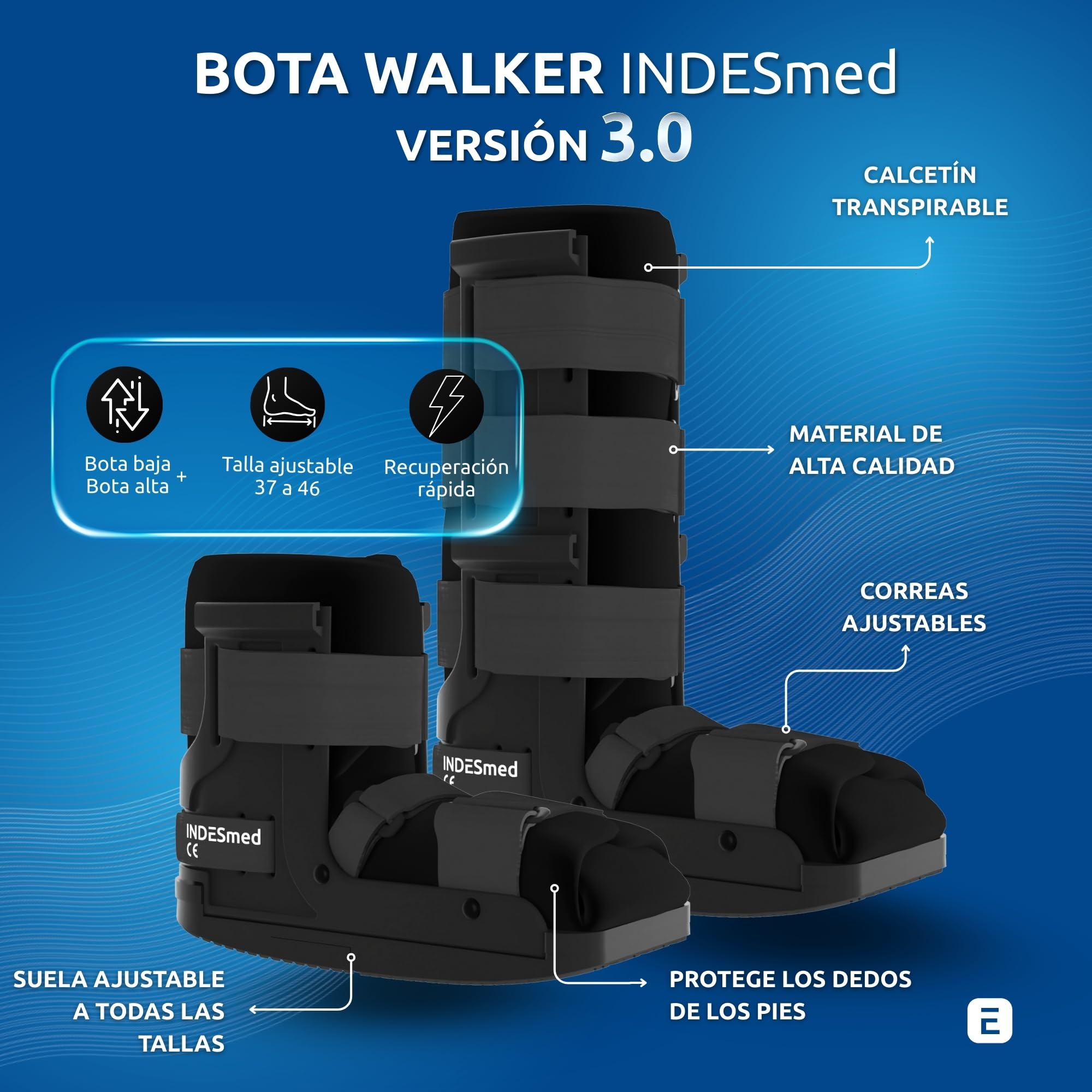 INDESMED Bota Walker V.3 Corta Larga Calcetín Ajustable Ligera Resistente Transpirable