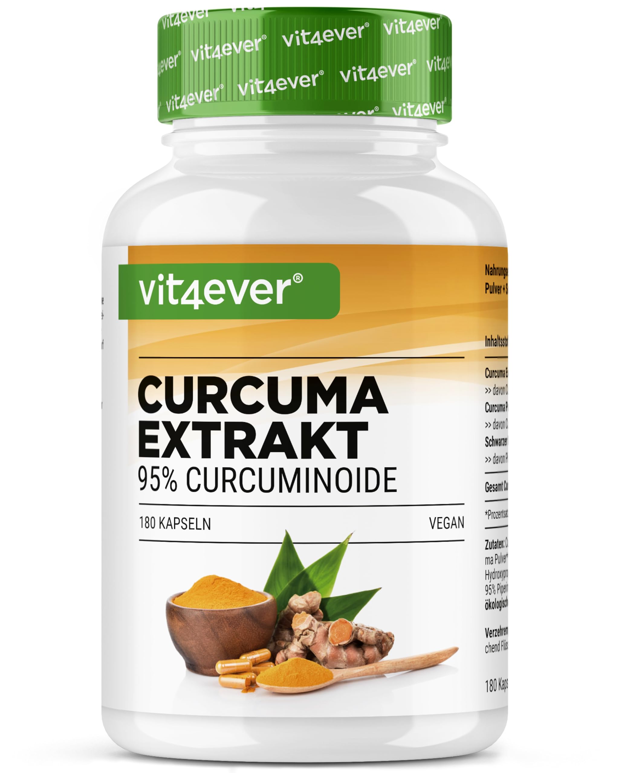 Extracto de cúrcuma - 180 cápsulas - Alta dosis con 500 mg de curcumina por dosis diaria - Con un 90% de contenido en curcumina - Sin aditivos indeseables, vegano