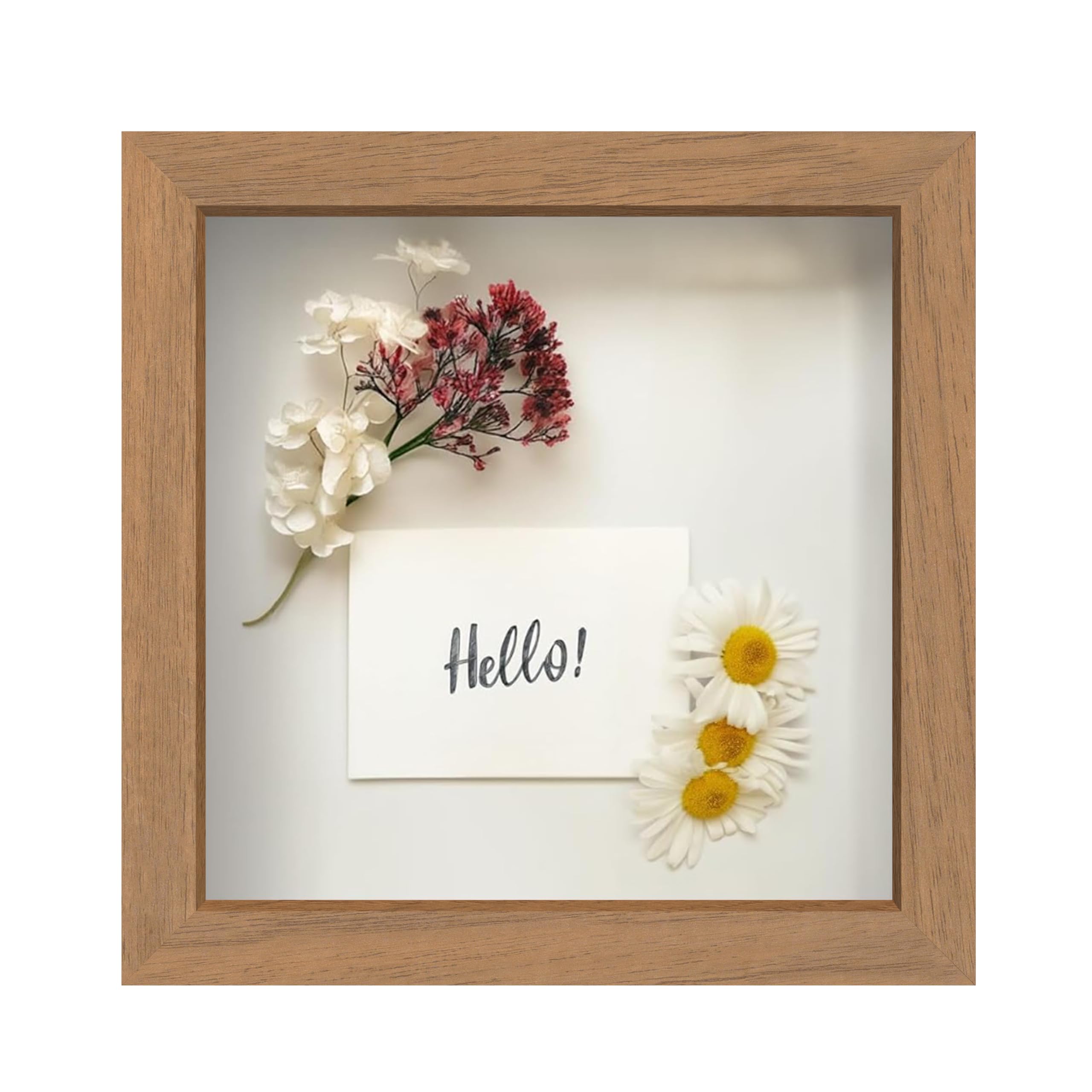 FrameWorks 8” x 8” Golden Oak Wooden Shadow Box Frame – Display Case with Soft Felt Back, Memory Box with Tempered Glass, Display Box with Elegant White Ball Push Pins, Wooden Flower Box