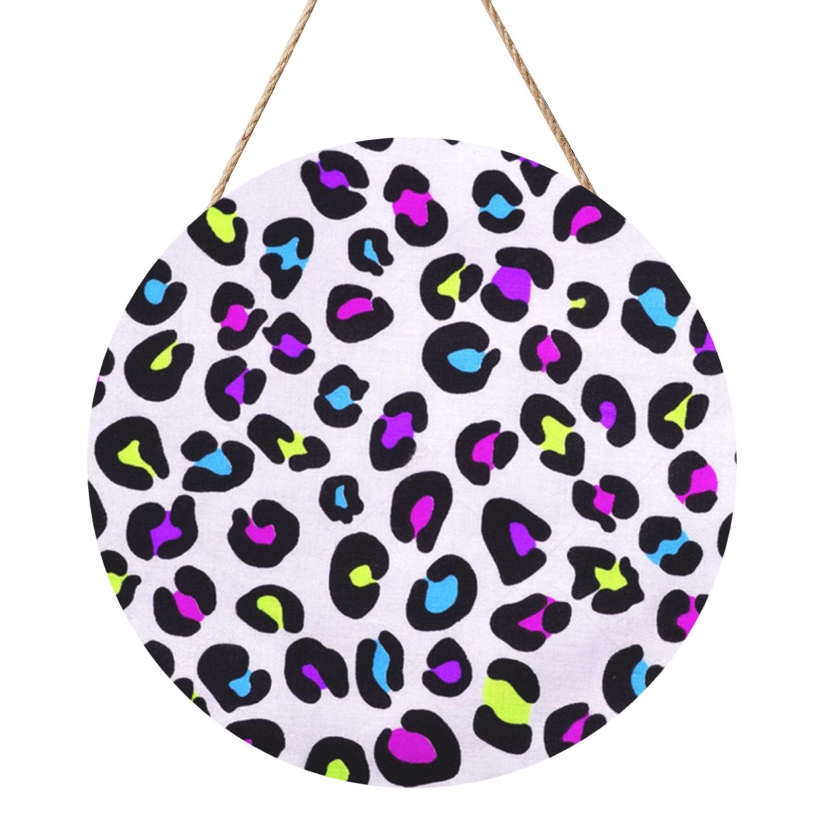 InOmak Colorful Pink Purple Blue Neon Green Leopard, Round Wood Panel Painting 12 in, Wall Hanging Painting For Home