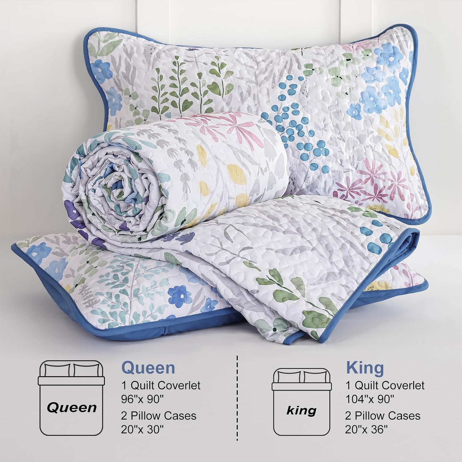 Xruibed Floral Quilt Sets Queen Size Blue Quilt Set 3 Pieces Bedspreads Bedding Set Soft and Cozy Microfiber Lightweight Quilt Flower Bed Coverlet Sets for All Season(Queen 96"x90") - Image 9