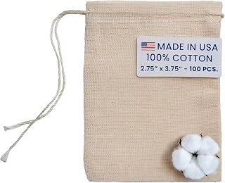 Muslin Bags with Drawstring 100pcs - 2.75x3.75 in 100% Cotton - Made in USA - Canvas Bags Bulk, Small Drawstring Bags, Reusable Tea Bags, Jewelry Gift Bags (Natural Hem & Drawstring)
