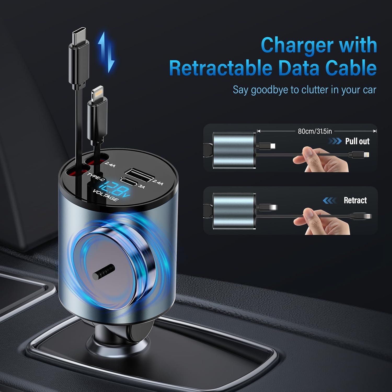 Caricabatteria da auto per accendisigari USB C 4 in 1 56W - Caricabatterie per auto con 2 cavi retraibili (Tipo C, Lightning), adattatore USB per accendisigari con visualizzazione tensione, rotazione