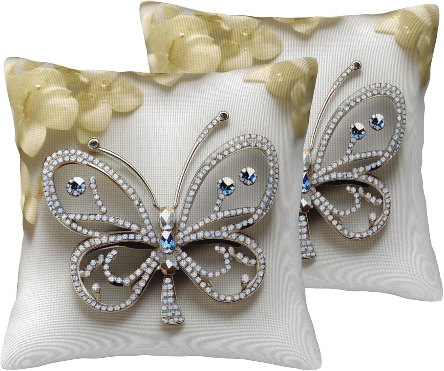 Rhinestone Butterfly and Flower Imitation Linen Pillowcase -2 Sets, Fashionable Home Decoration, Used for Sofas, Gardens, beds