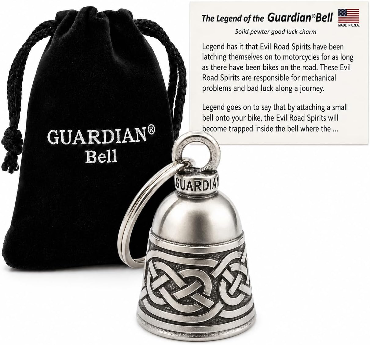 Celtic Good Luck Bell w/Keyring & Black Velvet Gift Bag | Motorcycle Bell | Lead-Free Pewter | Made in USA