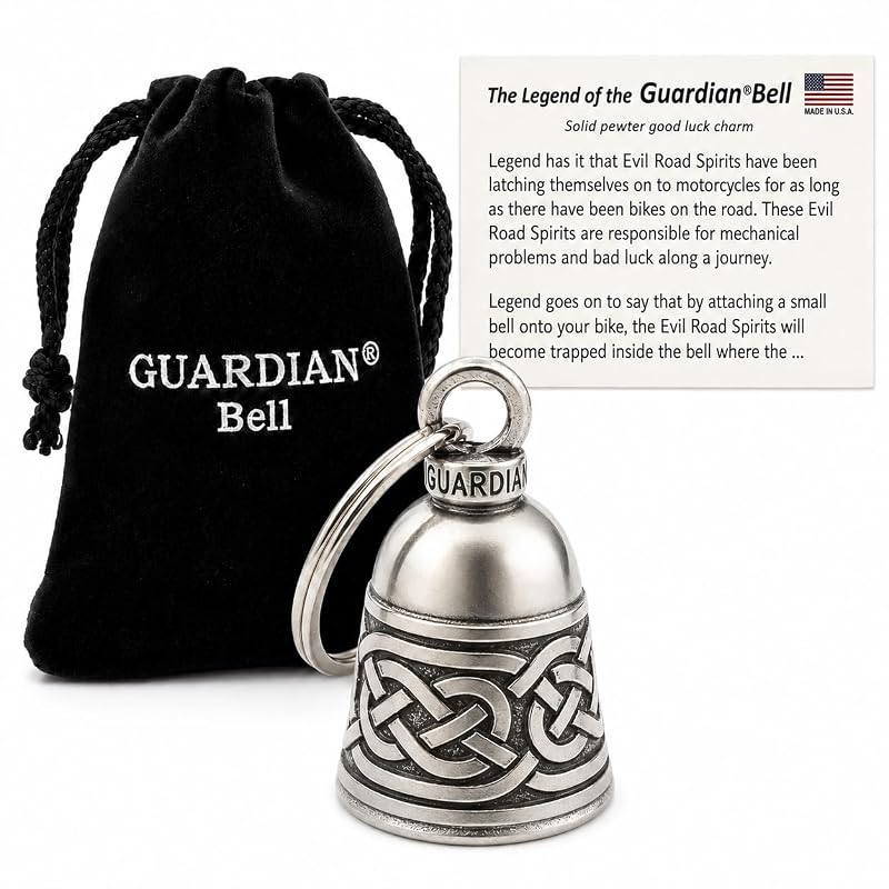 Sino Guardian Bell Celtic Weave para Motocicleta e Chaveiro com Argola e Bolsa de Presente de Veludo Preto, Estanho sem Chumbo, GBWEAV