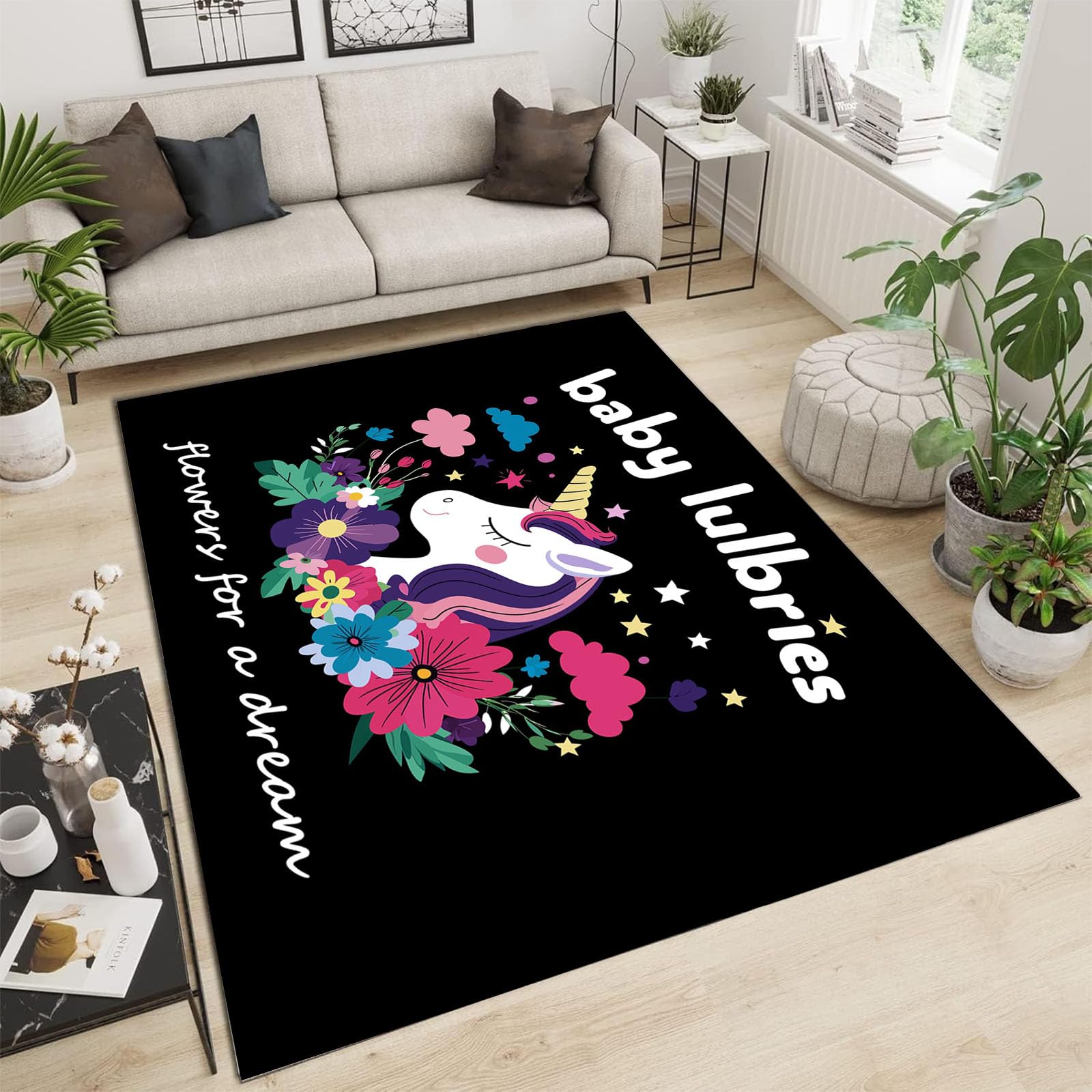 Tapis poils courts licornes colorées fleurs rose 180x270 cm