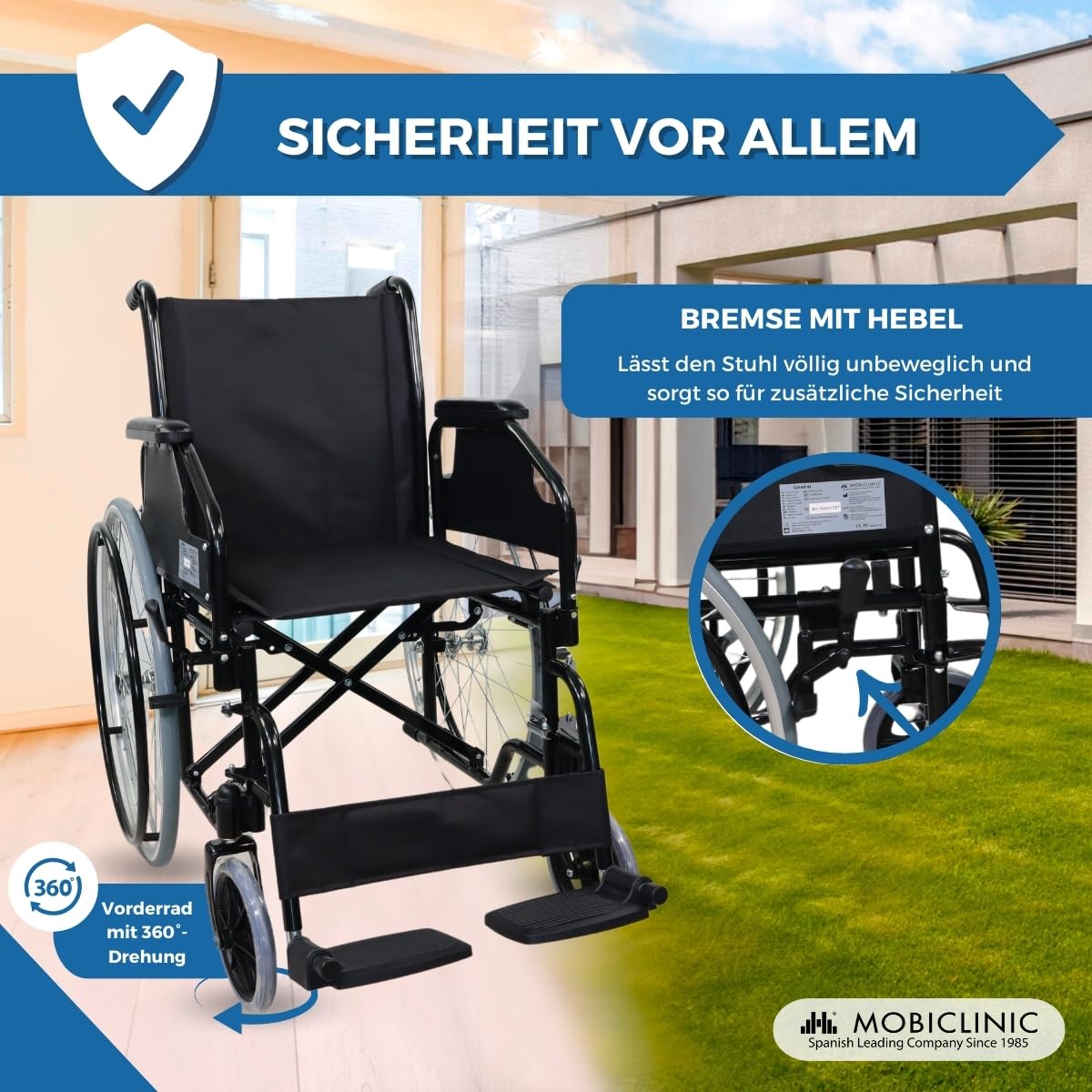 Mobiclinic®, Rollstuhl faltbar leicht, Selbstfahrend, Abnehmbare und gepolsterte armlehnen, Klappbare fußstützen, Catedral, Manuelle bremse, Bordsteinanhebesystem, Pannensichere räder, Robust