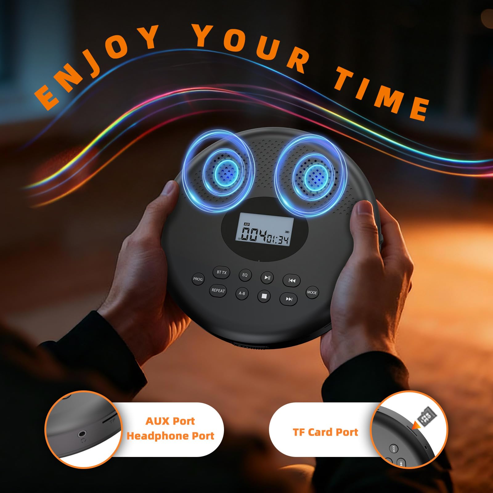 Arafuna Lecteur CD portable avec Bluetooth, batterie rechargeable, lecteur CD personnel pour voiture avec haut-parleurs/casque/écran/antichoc, compact pour la maison, les voyages, prend en charge TF