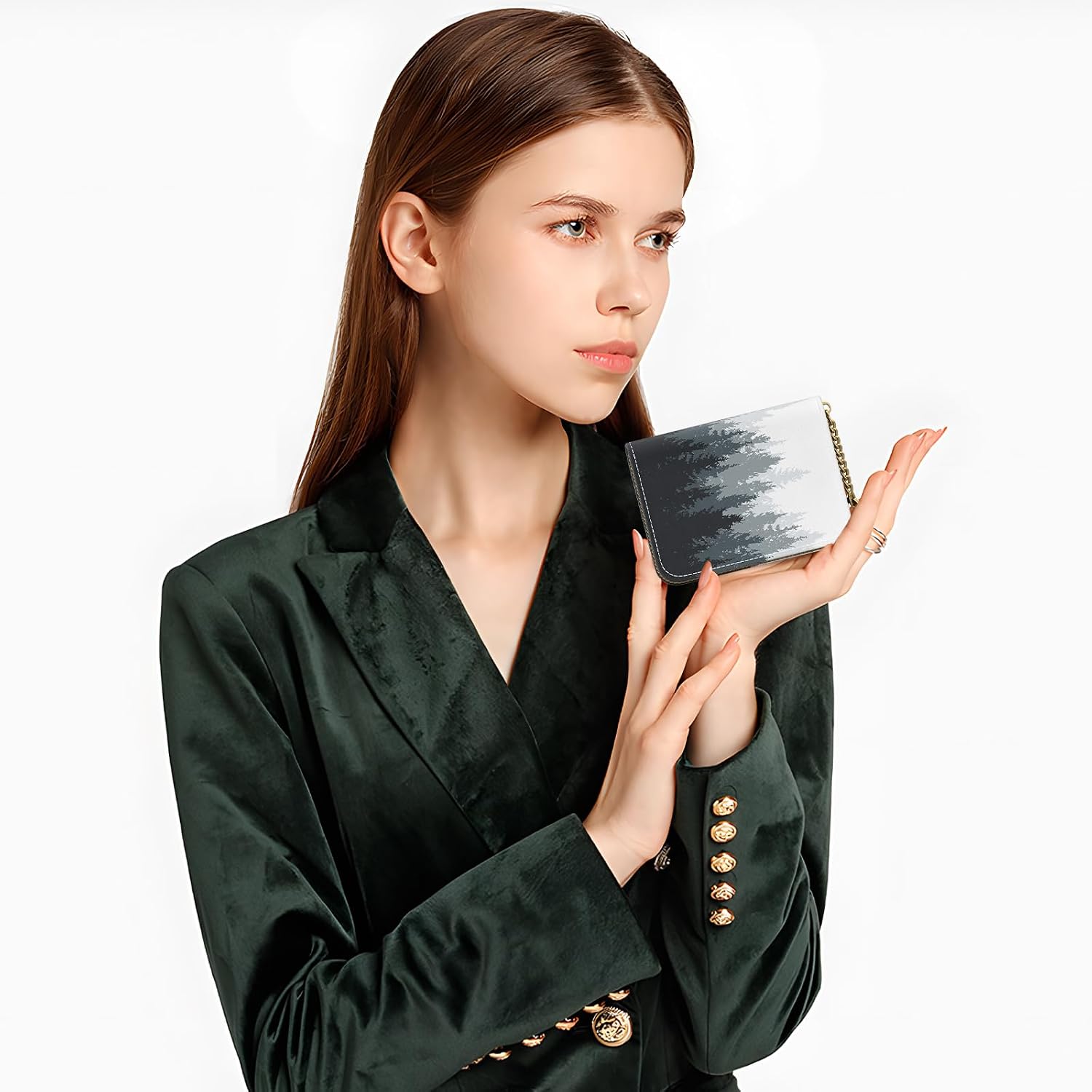 RFID Credit Card Holder, Small Card Holder Wallet with Keychain Zipper, Leather Card Case Wallet for Women, Forest