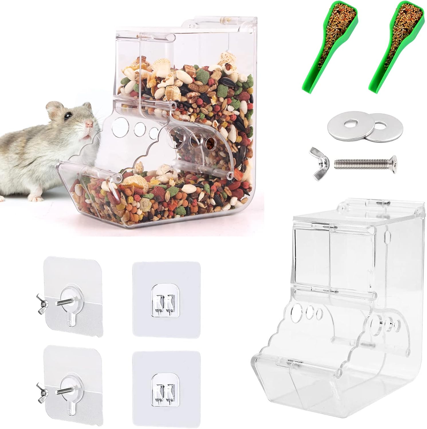 2 pcs Hamster Automatic Feeder 400ml, Hamster Food Dispenser with Brackets Small Animals Food Bowl with 2 Spoon