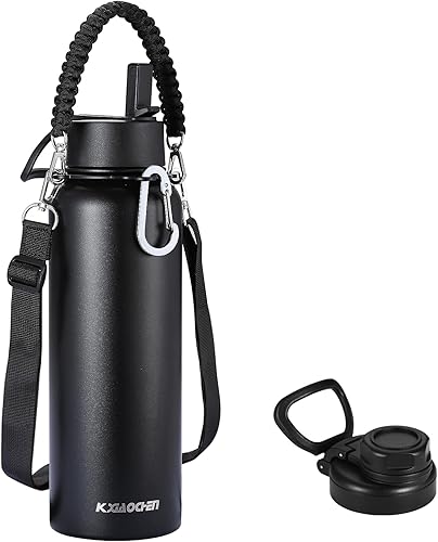 KXIAOCHEN Botella de agua aislada, botella de agua de acero inoxidable, 2 tapas (con pajilla y tapa con asa), botellas de agua metálicas de boca