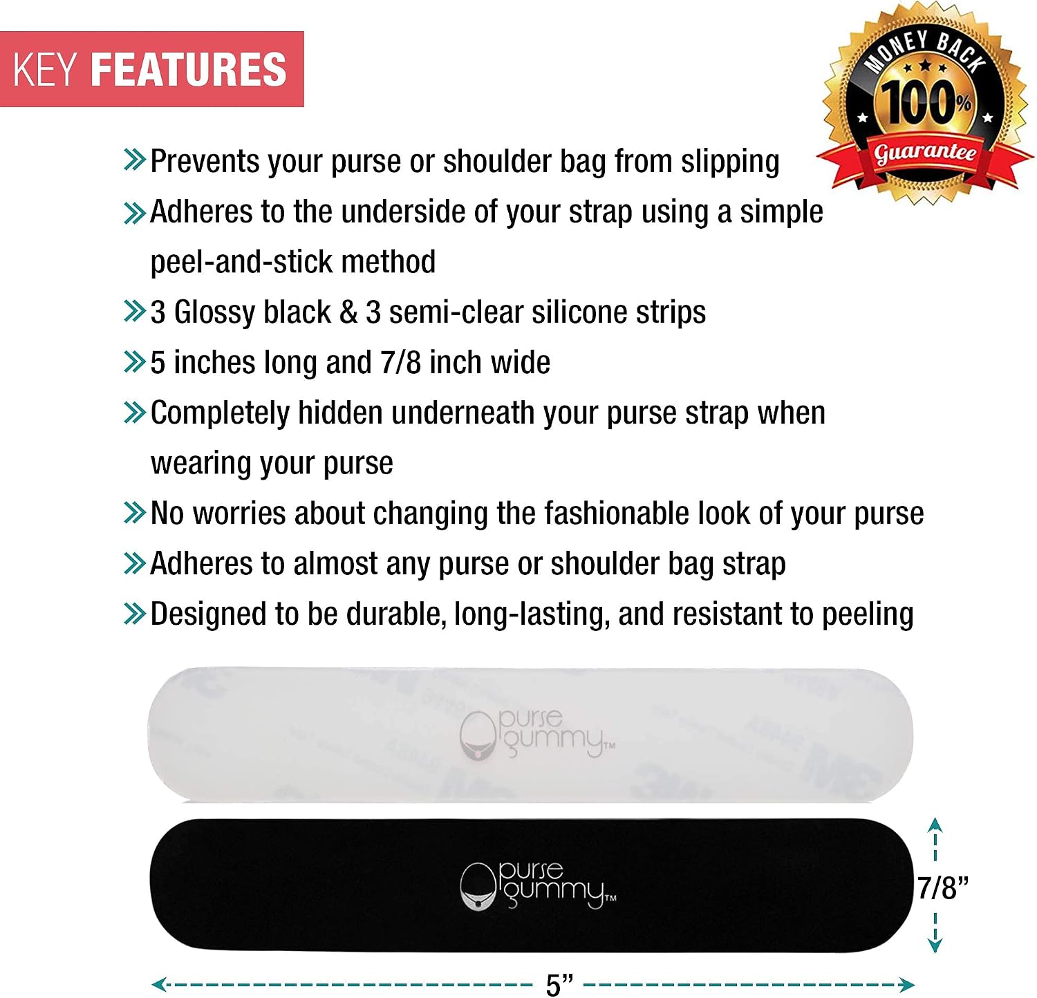 Purse Gummy - Stop Strap Slips - the ORIGINAL Non Slip Grip Strip Pad for Handbag Strap as seen on Today Show - Shoulder Bag, Tote bag, Cushion Accessory - SET of 6 PIECES