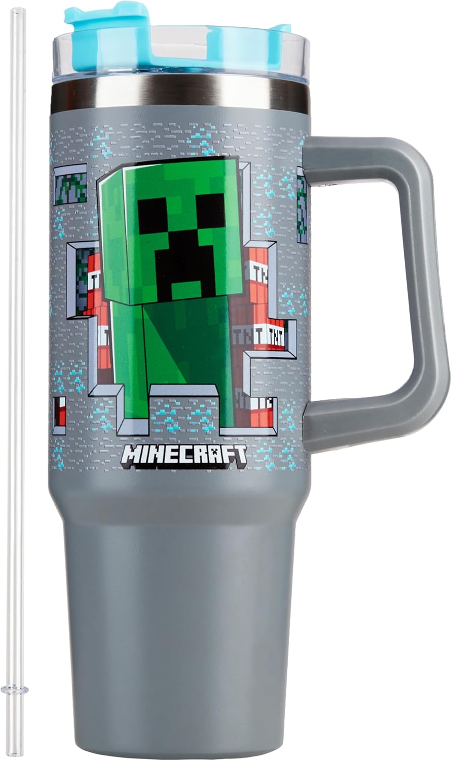 Get Trend Minecraft Kids Tumbler with Straw 28oz Insulated Cup with Lid Handle No Spill Travel Mug School Sports Drinking Cup Gifts for Kids (Grey Minecraft)