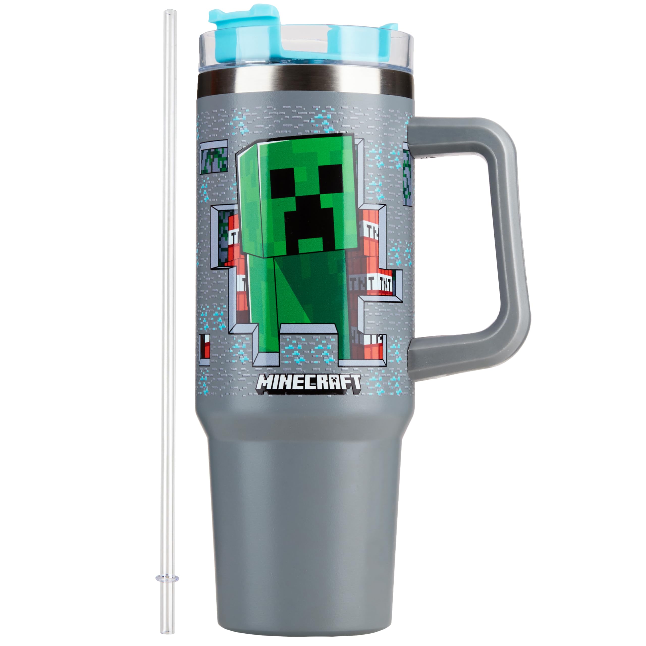 Get Trend Minecraft Kids Tumbler with Straw 28oz Insulated Cup with Lid Handle No Spill Travel Mug School Sports Drinking Cup Gifts for Kids (Grey