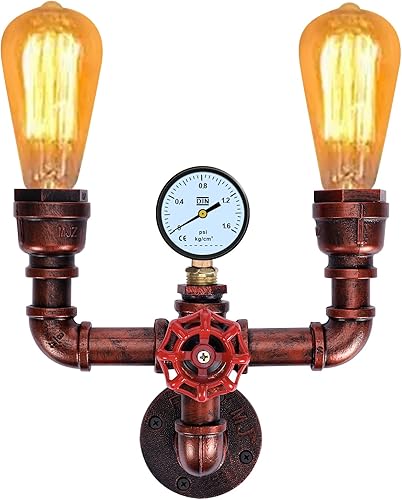 Vista 8 de XEYOU Lámpara de pared retro, estilo vintage industrial steampunk, 2 luces, estilo tubería de agua de metal, lámpara de montaje en pared, lámpara