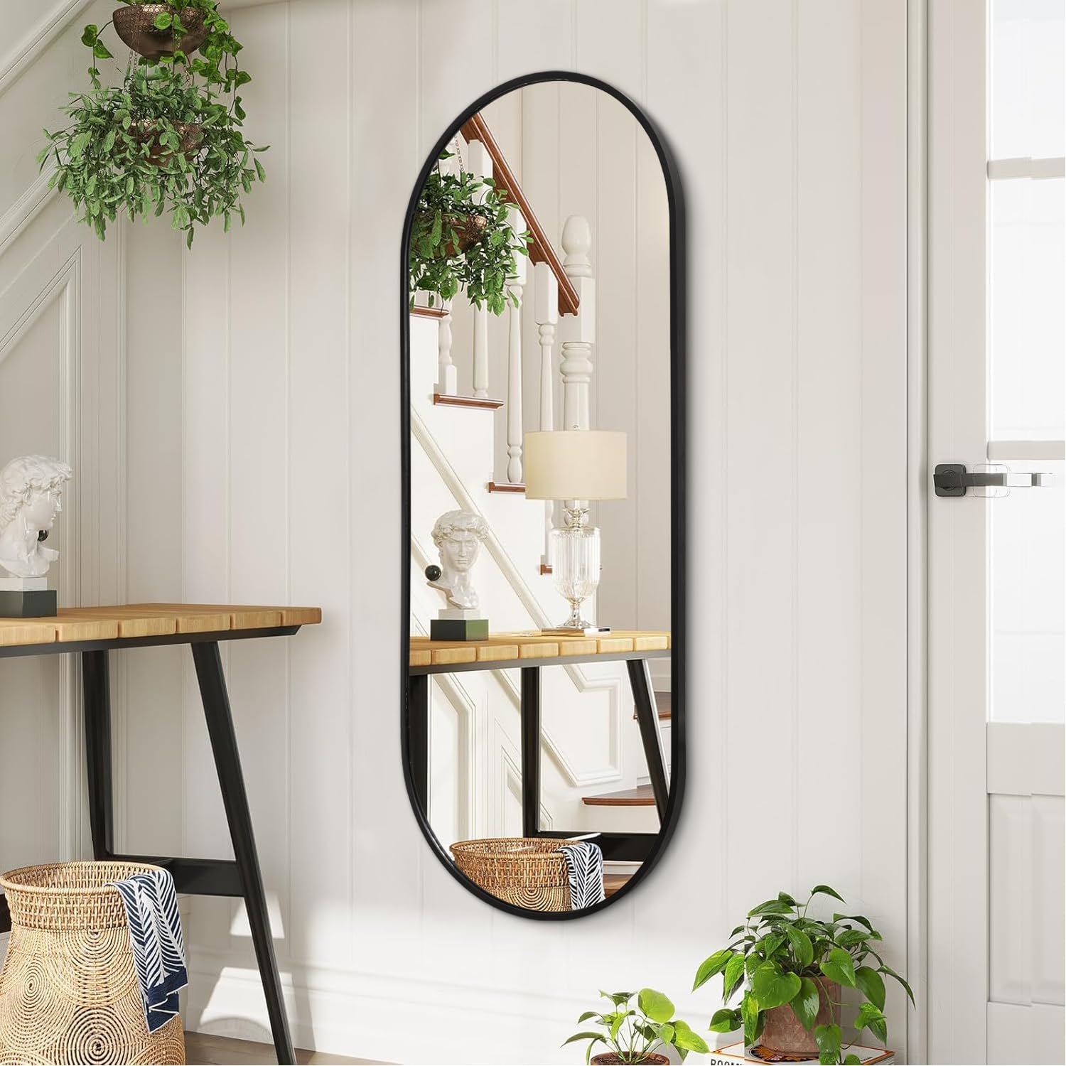 Specchio da parete ovale nero per bagno, specchio a figura intera, cornice in alluminio in metallo, specchi da parete 120 x 40 cm, specchio oblungo a forma di pillola, per vanità, soggiorno,