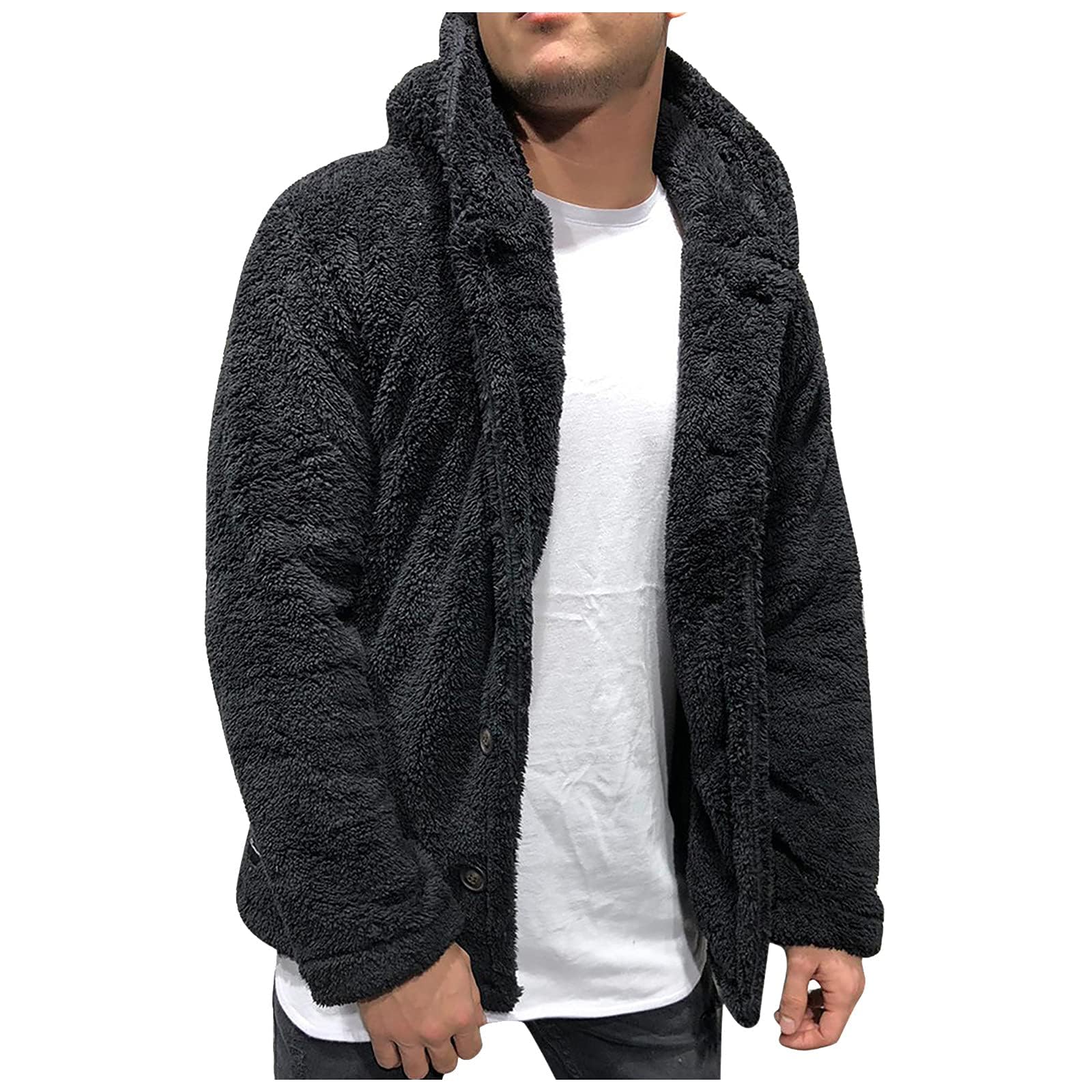 Mens Fuzzy Sherpa Fleece Hoodie Jackets Casual Loose Long Sleeve Button down Open Front Sherpa Fleece Jacket for
