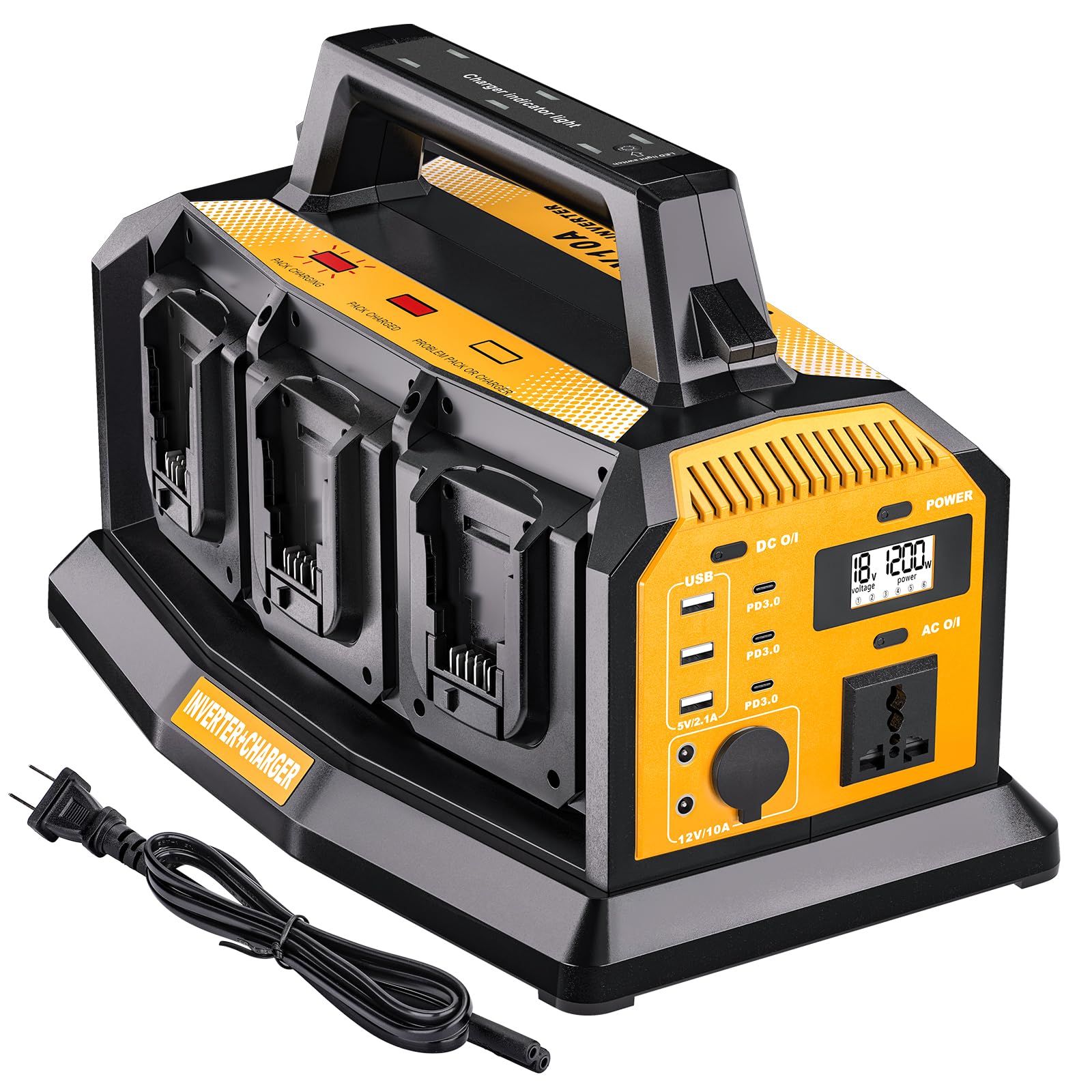 1200W Power Inverter & 6A Rapid Charger for DeWalt 20V Battery – 6-Port DC to AC 120V Converter, 3 USB-A + 3 USB-C, 300lm LED Light for Camping, Travel, Emergencies(Battery not Included)