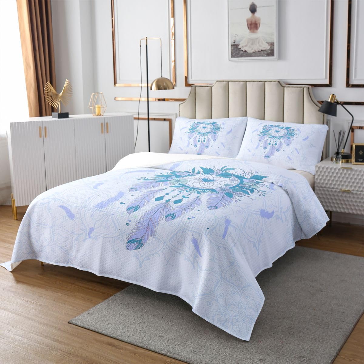 Traumfanger Tagesdecke 2 Kissenschalen Träumige Feder Exotische Blume Herz Dekor Coverlet M Größe für Teens Erwachsene Romantischer Stil Lila Blau Bettwäsche Quilted für Schlafzimmer