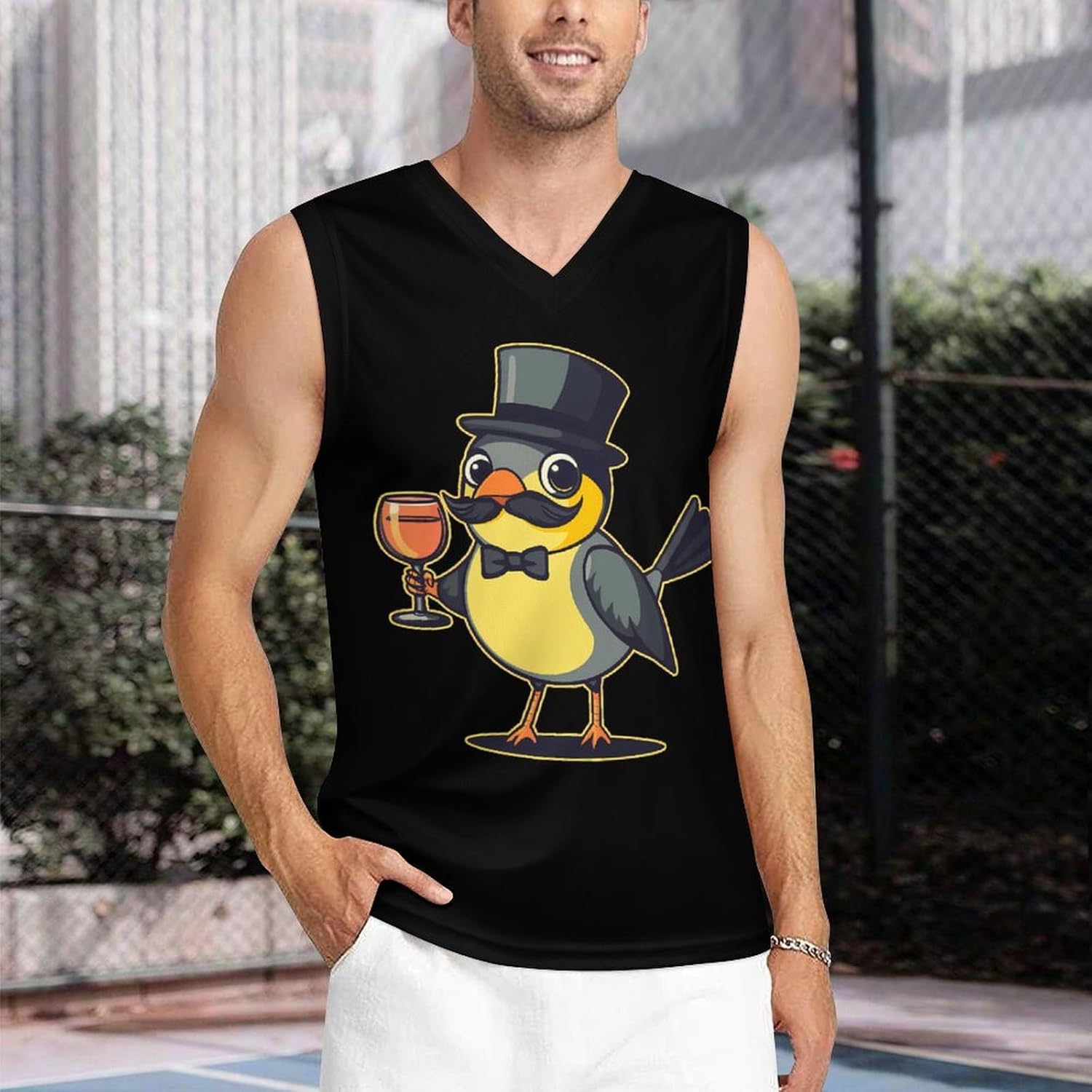 Gentleman Bird with Top Hat Men's V-Neck Basketball Tank Top Sleeveless Workout Tank Shirts Gym Fitness Tees Vest