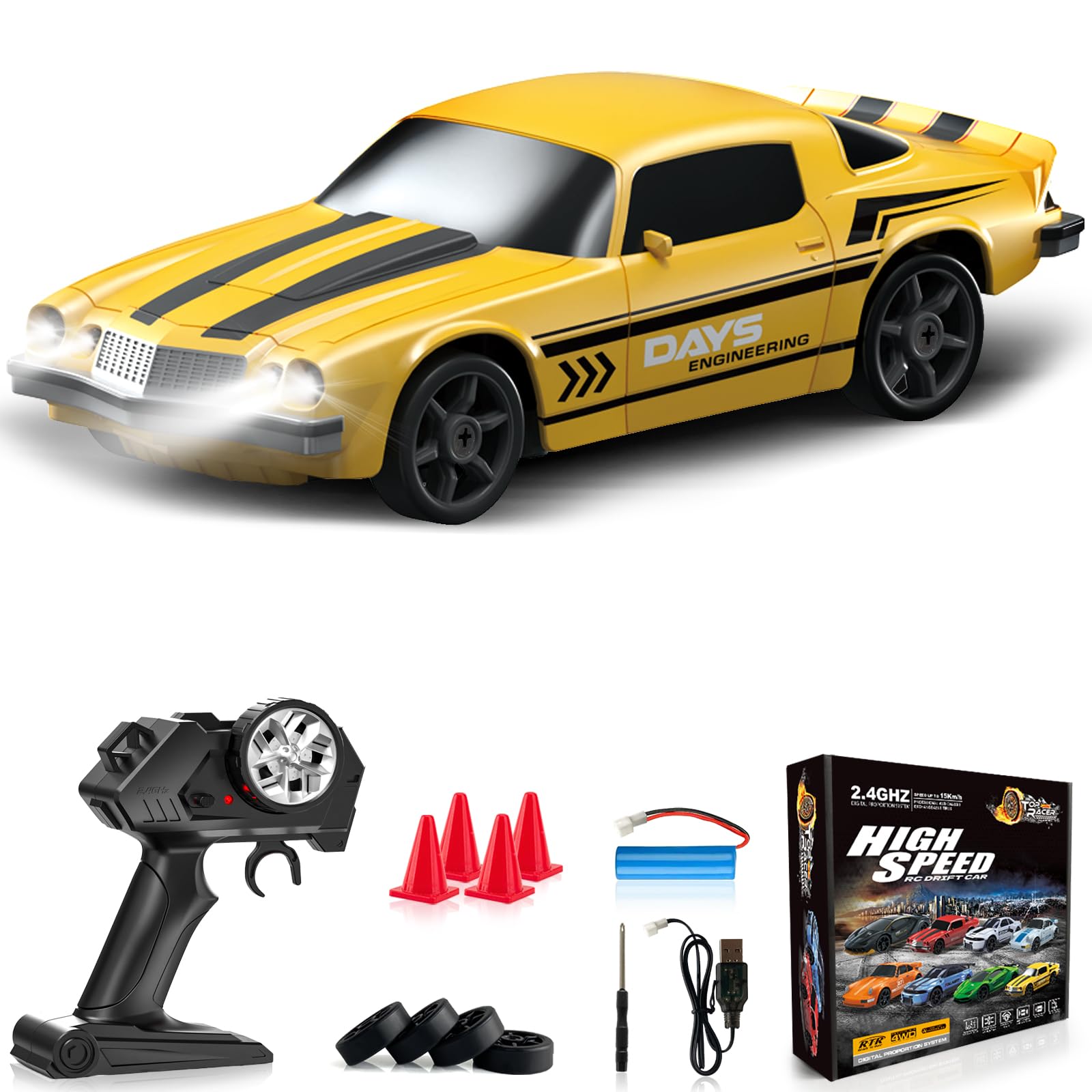 EverbigmaiRC Drift Car 1:24 Remote Control Car 4WD 15KM/H High Speed Racing Sport Car with LED Lights RC Cars Toy Cars for Kids Boys Girls Adults Gifts Birthday Christmas Rechargeable Batteries