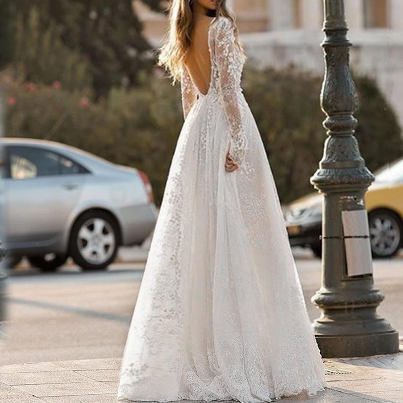 Abito da sposa da donna, lungo, in tulle, bianco, maxi abito in tulle, a maniche lunghe, scollo a V, in pizzo, per feste, cocktail, Carnevale
