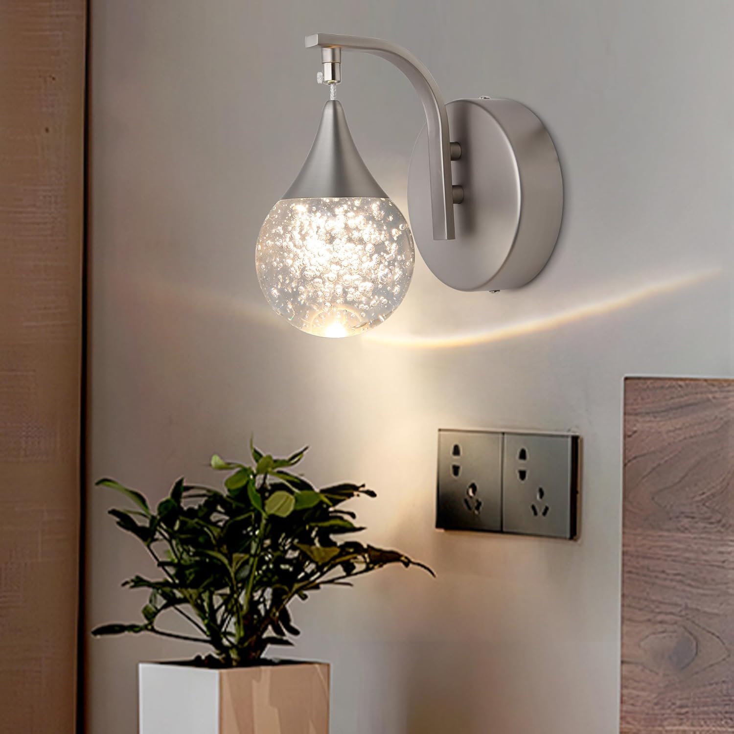 Modern Wall Light, Globe Crystal Wall Sconce, Led Bubble Wall Lamp for Bedroom Living Room Hallway, 3300k Warm White | Dimmable | Chrome