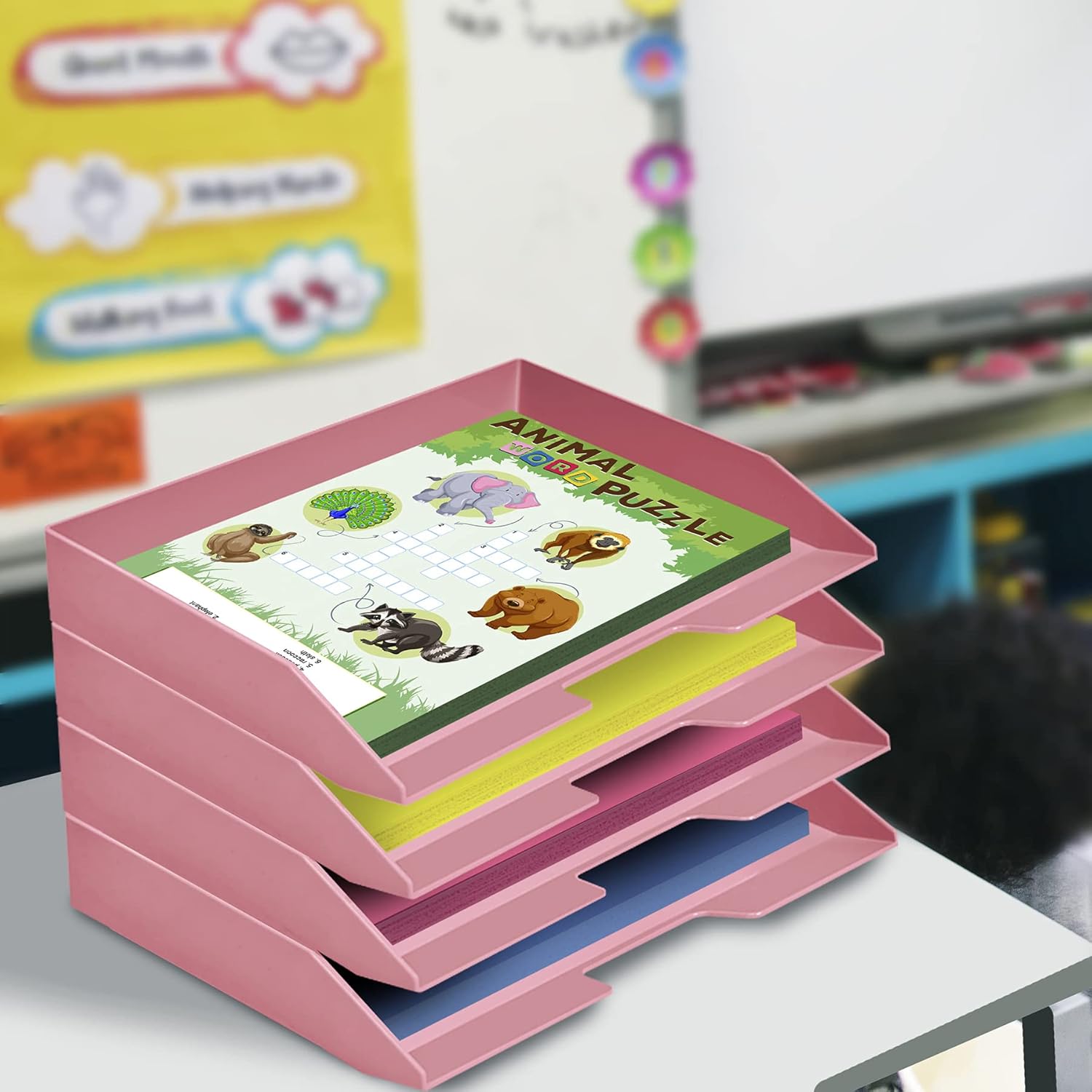 Acrimet 4 Tier Paper Organizer Letter Tray – Plastic Stackable Desk File Organizer, Side Load Paper Sorter for Letter/A4 Office File Folder Holder – Solid Pink