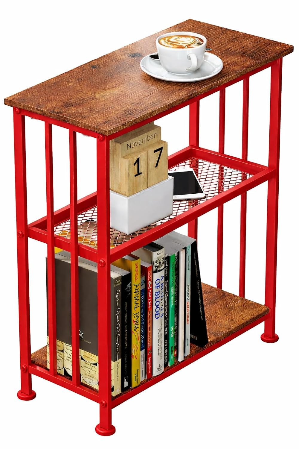 59275 Vintage End Table/Simple Rustic Side Table with 3-Tier Storage Shelf, Narrow Nightstand Coffee Table for Small Spaces, Living Room, Entryway, Bedroom, Red Metal Frame (18X11X24 Inch)-image-36
