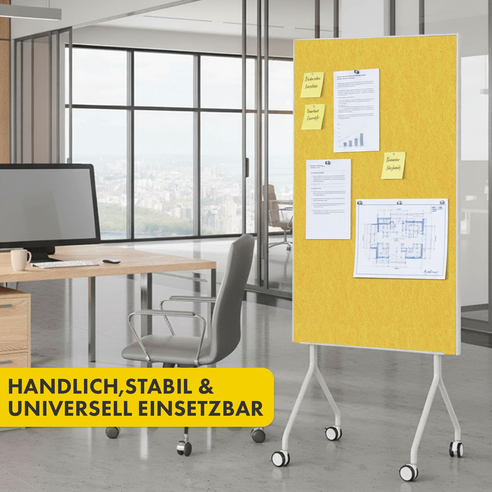OfficeMarshal Moderationwand Doppelseitig 80 x 120 cm Präsentationstafel mit feststellbaren Rollen - Filztafel Pinnwand - Stabiler Metallrahmen - Giant (Gelb)
