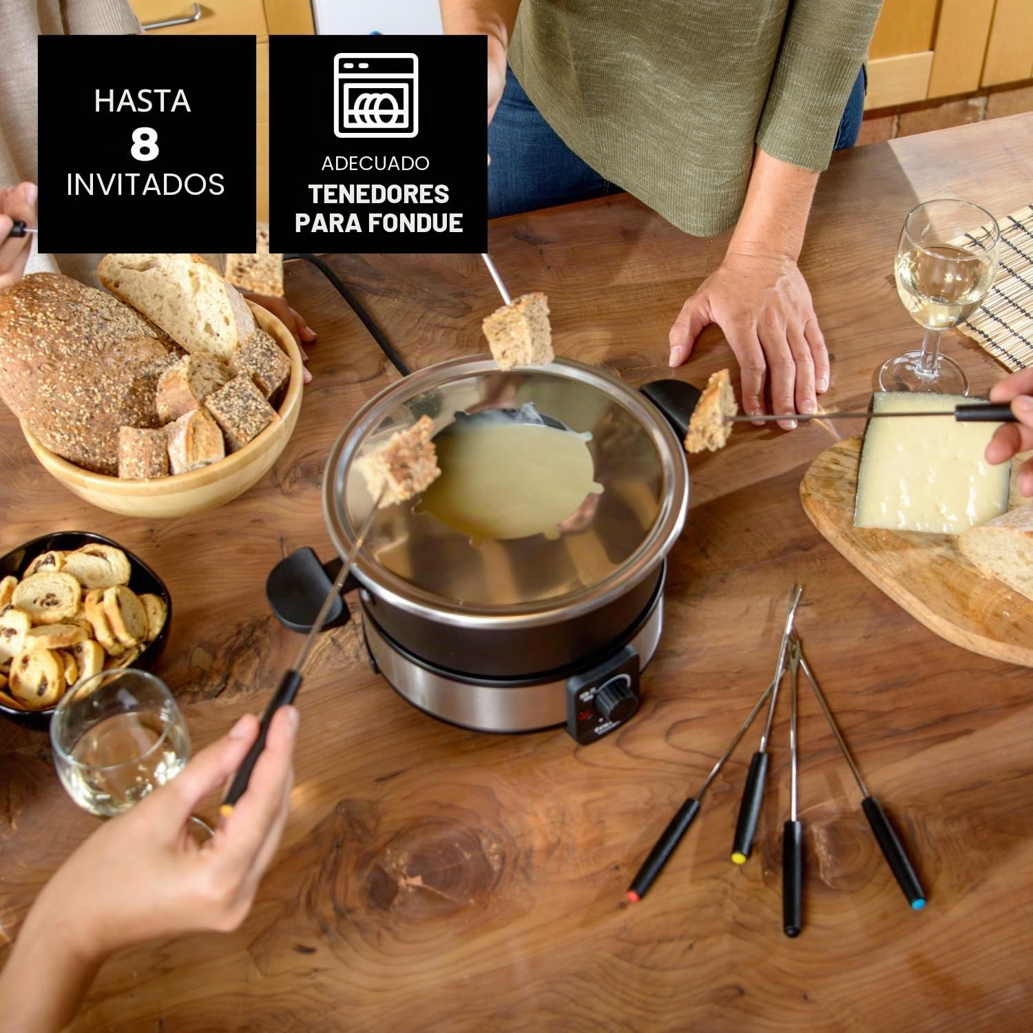 Taurus – Fondue Eléctrica FF2, 1000W, 2L, 8 Personas, Termostato Regulable 200ºC, Olla Antiadherente, Sin PFOA, Chocolate, Queso, Caldo y Aceite, 8 Tenedores, Asa Transporte, Lavavajillas, Negro