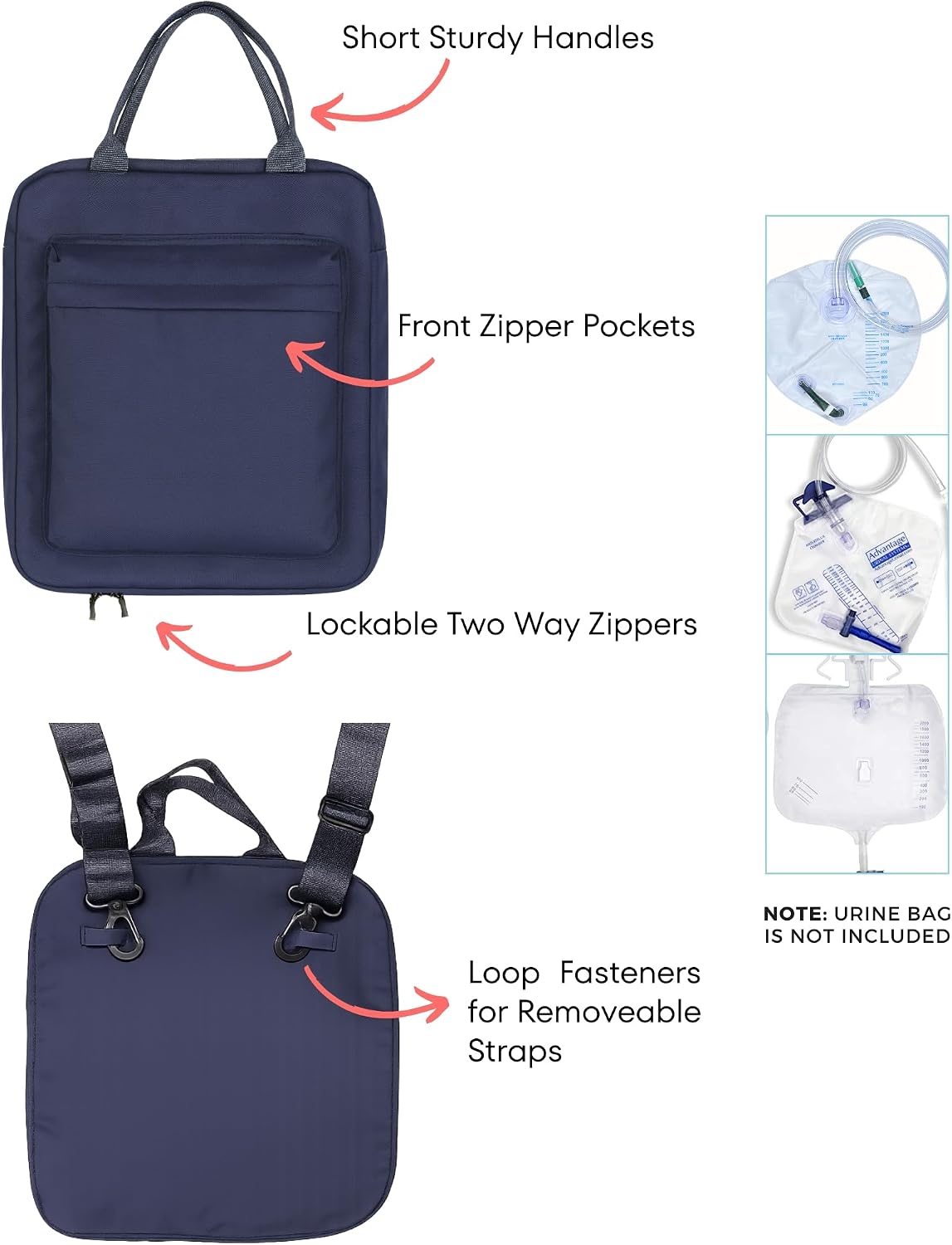 Inspired Comforts Urine Drainage Bag Holder with Catheter Pipe Cover & Adjustable Shoulder Strap- Unisex - Navy