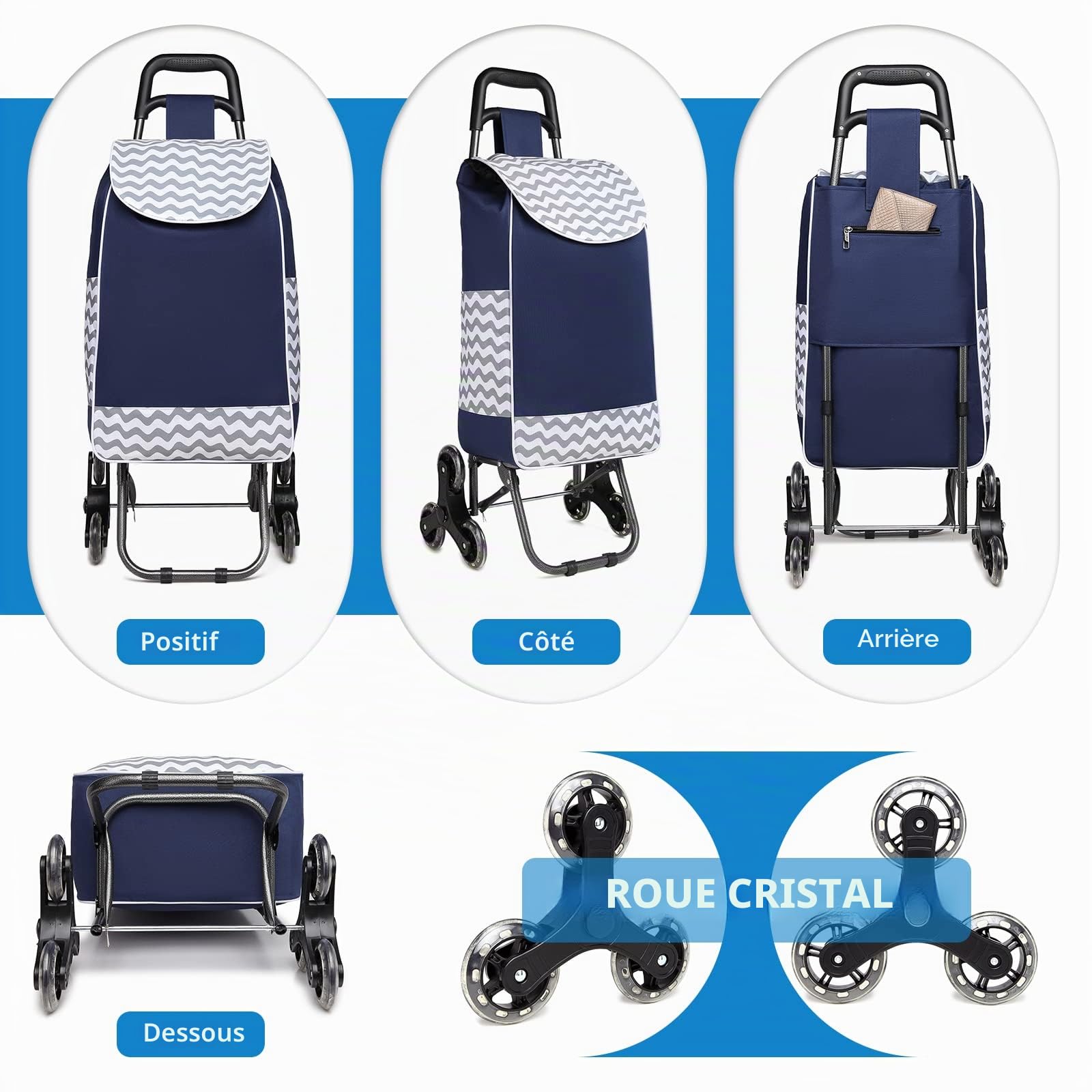 Kono Chariot de courses pliable, léger et étanche, chariot de courses 2 en 1 avec sac isotherme isotherme, chariot d'escalade d'escalier amovible pour courses (bleu marine)