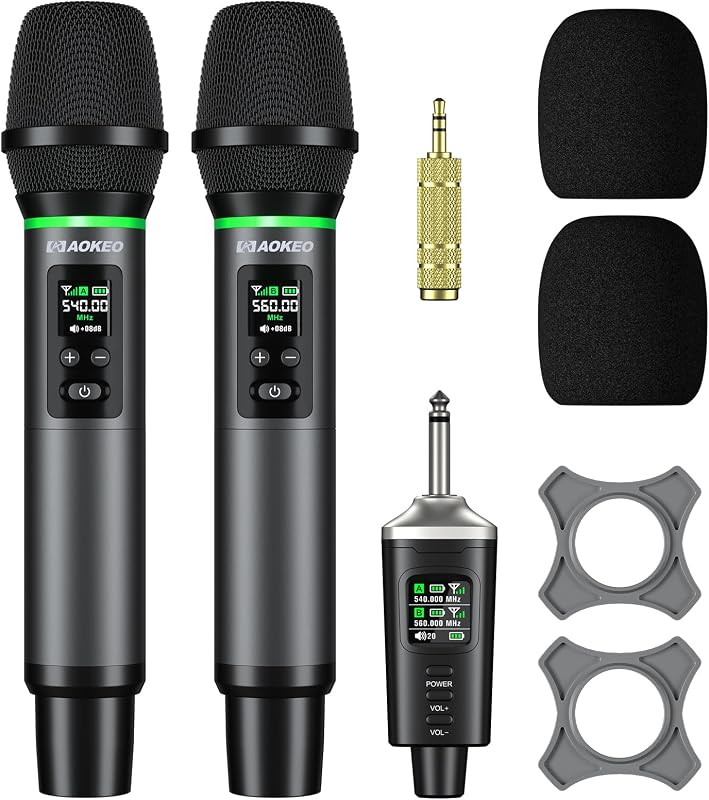 Aokeo Wireless Microphone, AK-22P Metal Wireless Mic Set with Case, Handheld Cordless Dynamic Microphones for Singing, Karaoke, Church, DJ, 130ft Range