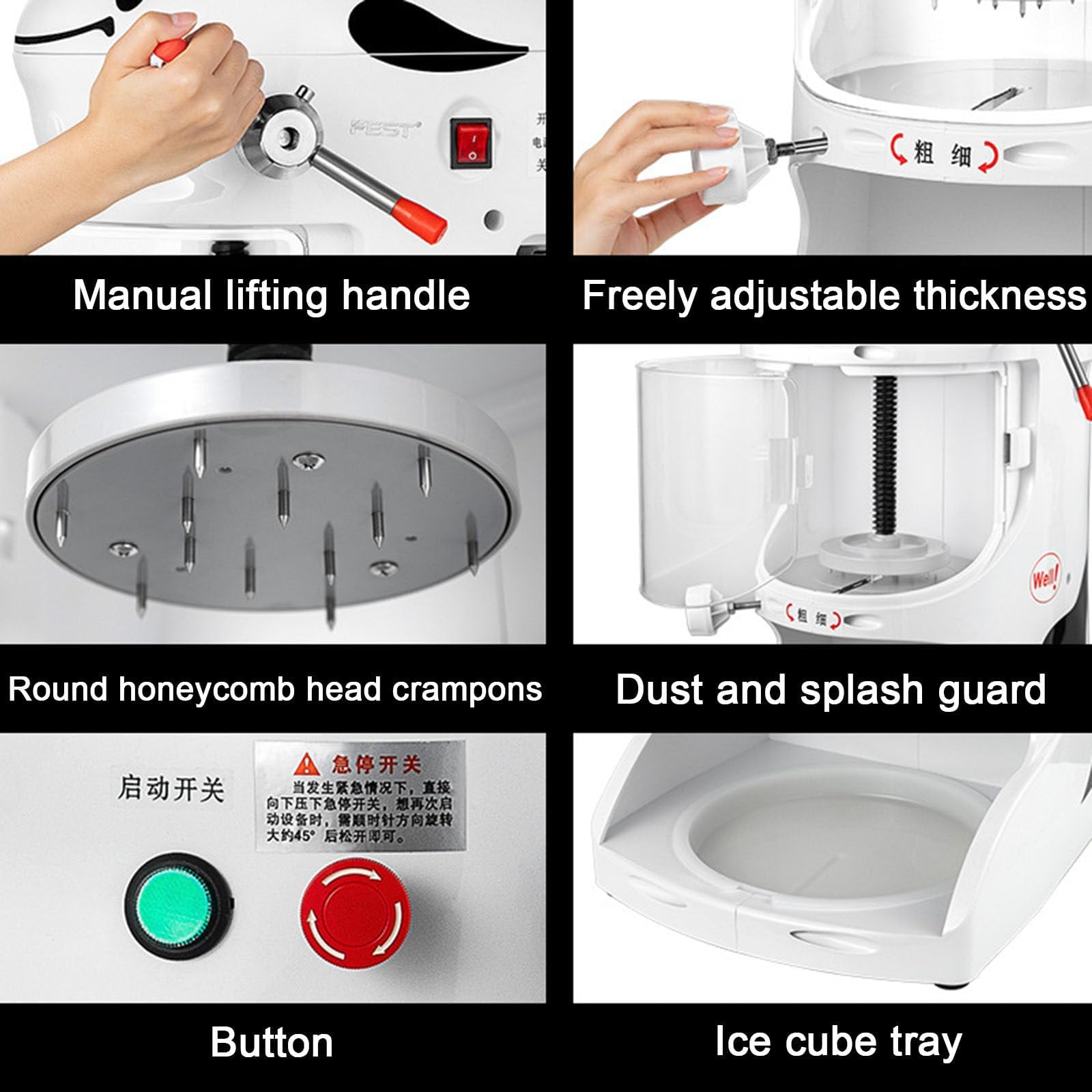Máquina De Hielo Raspado Eléctrica De 350 W - Volumen De Hielo Raspado: 90 Kg/H, Máquina De Hielo Raspado Eléctrica - Espesor Ajustable + Manija De Elevación + Protector contra Salpicaduras
