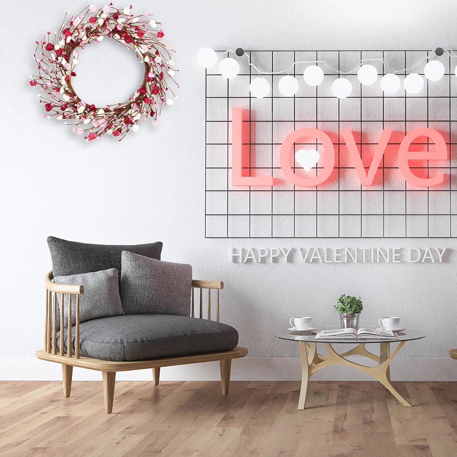 Valentine's Day Wreath for Front Door Heart Shaped Berry Wreath with Wooden Floret,Berry for Front Door Indoor Outdoor Wedding Anniversary Party Home Wall Window Festival Decoration - Image 6