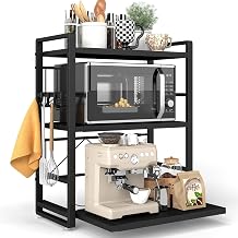 3-Tier Microwave Rack - Height Adjustable & Extendable Kitchen Shelf with Drawer - Carbon Steel - Includes Hooks & Reinforcement Suction Cups, Baker's Rack Black