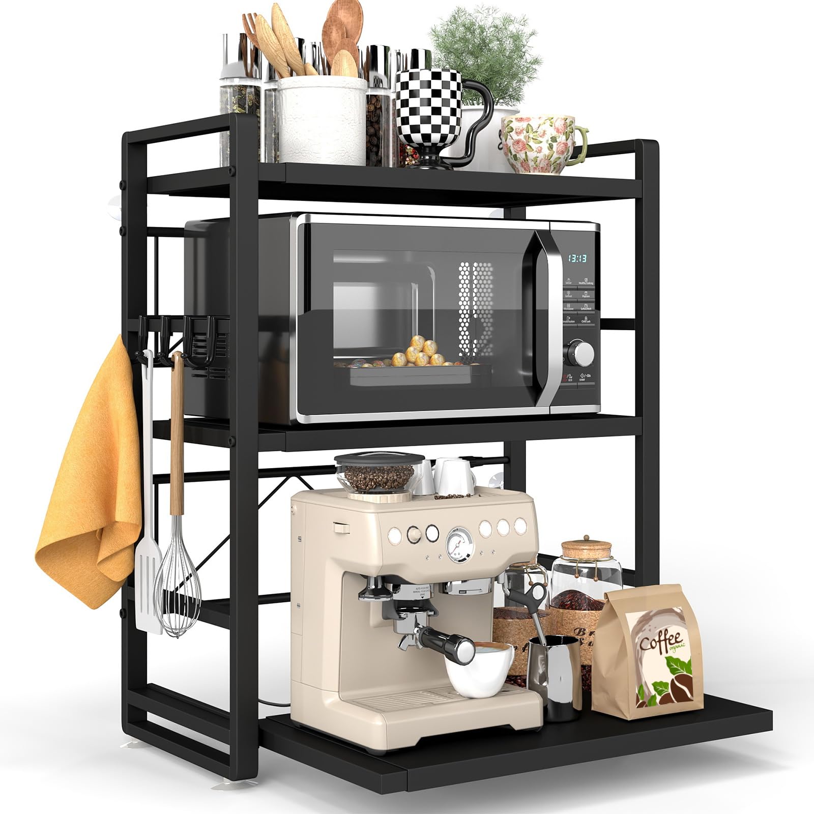 Scaffalatura per microonde a 3 ripiani, regolabile in altezza ed estraibile, con cassetto, in acciaio al carbonio, con ganci e ventose di rinforzo, scaffale da forno (nero)